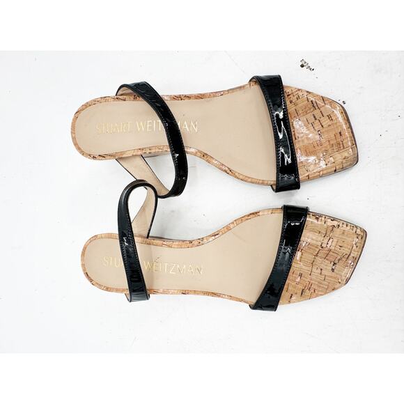 Stuart Weitzman Aleena Cork Wedge Black Leather Slide Sandals Size 7B - Picture 5 of 5